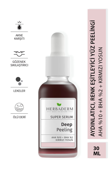 Herbaderm Süper Serum Aydınlatıcı, Renk Eşitleyici Peeling Aha %10 + Bha %2 + Yosun %91 Doğal İçerik 30 Ml Kırmızı HERBA701482
