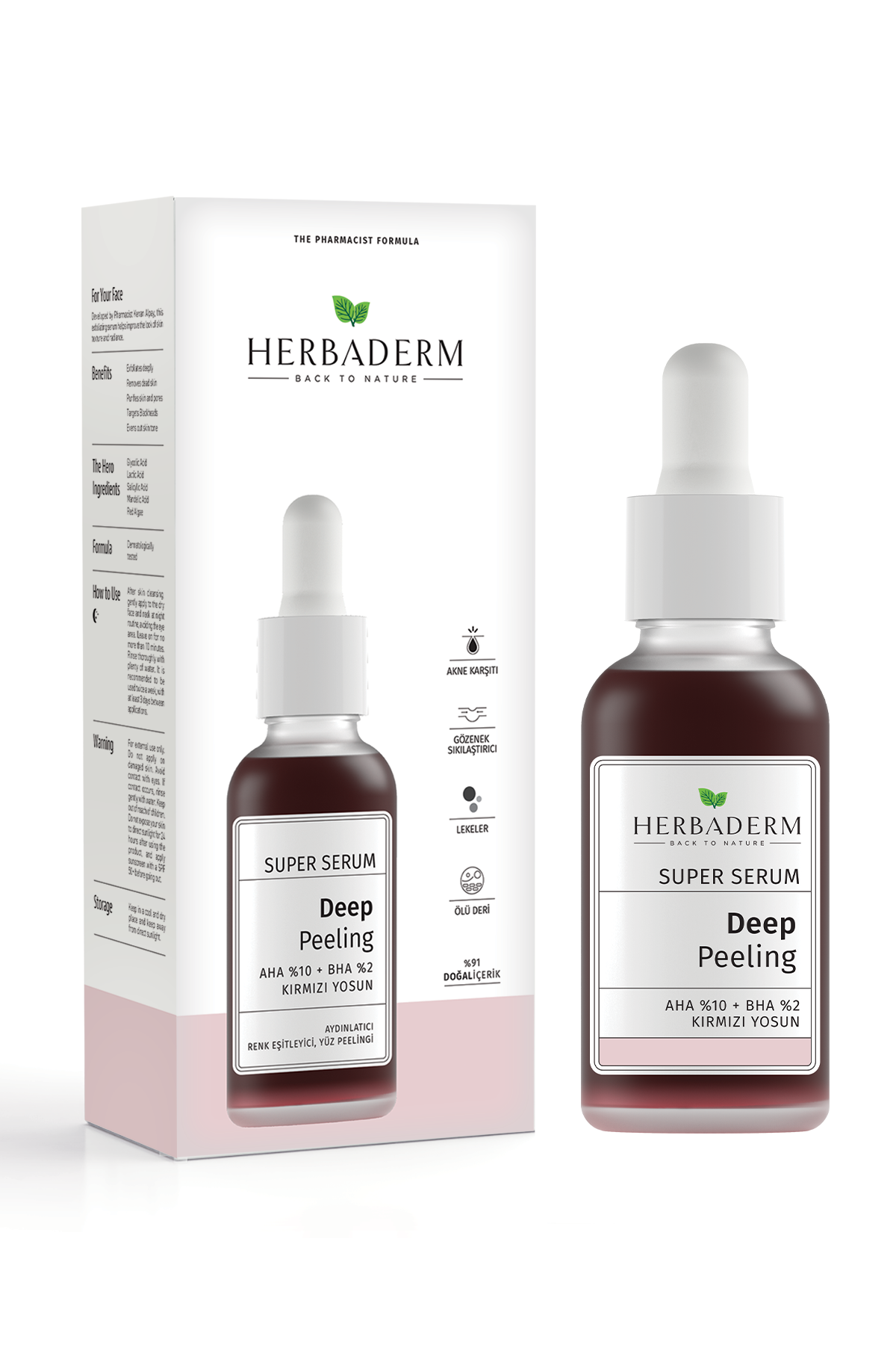 Herbaderm Süper Serum Aydınlatıcı, Renk Eşitleyici Peeling Aha %10 + Bha %2 + Yosun %91 Doğal İçerik 30 Ml Kırmızı HERBA701482