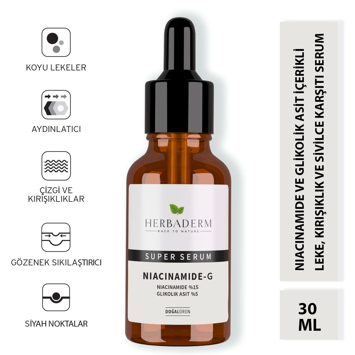 Herbaderm Süper Serum (niacinamide %15 + Glikolik Asit %5) Leke, Kırışıklık Ve Sivilce Karşıtı 30 Ml HERBA701474