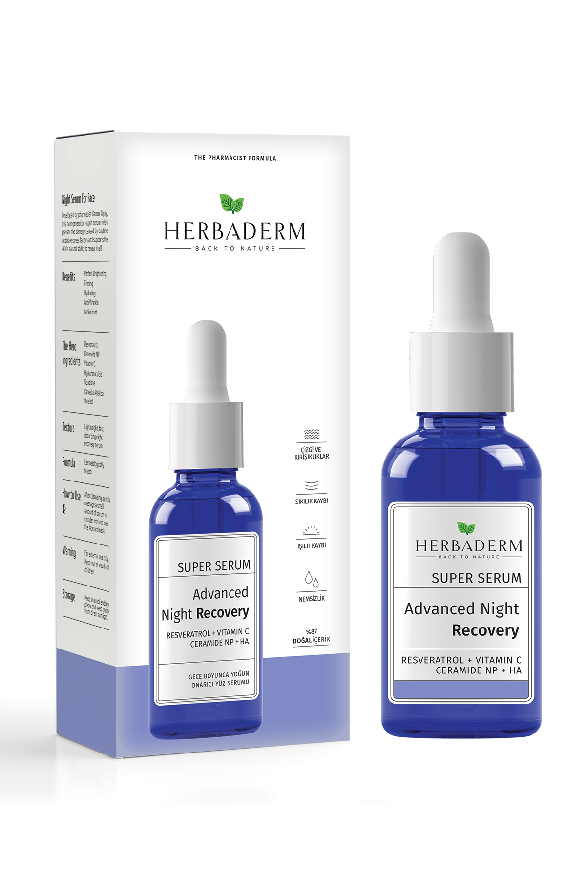 Herbaderm Süper Serum Sıkılaştırıcı, Kırışıklık Karşıtı, Aydınlatıcı Yoğun Onarıcı Gece Serumu 30 Ml Resveratrol+c Vitamini+ceramide Np+ Hyaluronik Asit %87 Doğal İçerik 30 Ml HERBA701484
