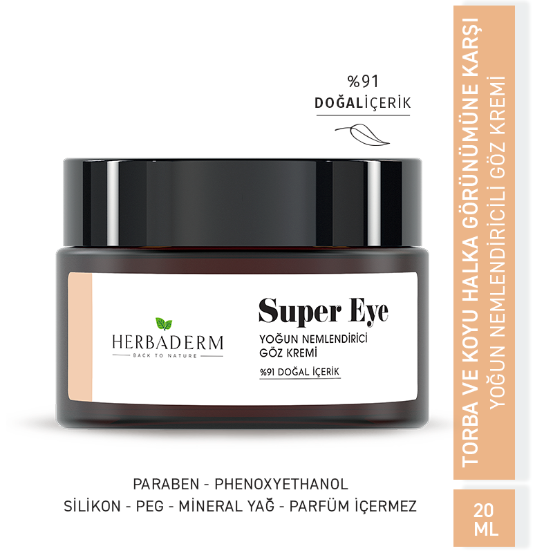 Herbaderm Torba, Koyu Halka Ve Kırışıklık Oluşumuna Karşı Yoğun Nemlendirici Göz Çevresi Kremi Super Eye Hidrolize Kolajen %3+ Hyaluronik Asit %1.5 + Vitaminc %0.5 %91 Doğal İçerik HERBA701490