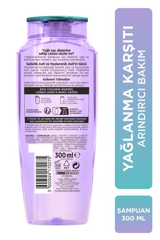 L'Oréal Paris Elseve Hydra [Hyaluronic] Pure Salisilik Asit İçeren Yağlanma Karşıtı Arındırıcı Şampuan 300ml