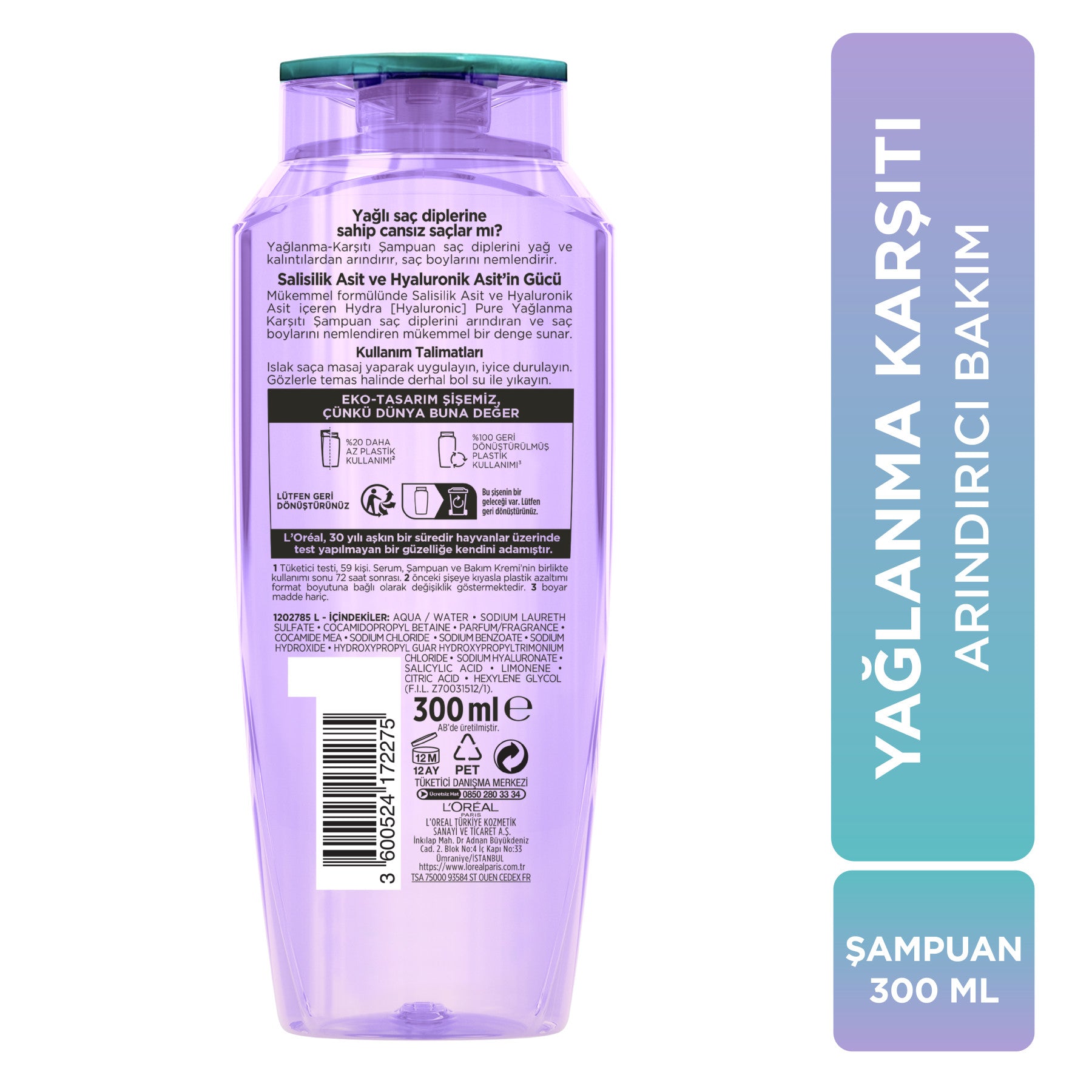 L'Oréal Paris Elseve Hydra [Hyaluronic] Pure Salisilik Asit İçeren Yağlanma Karşıtı Arındırıcı Şampuan 300ml