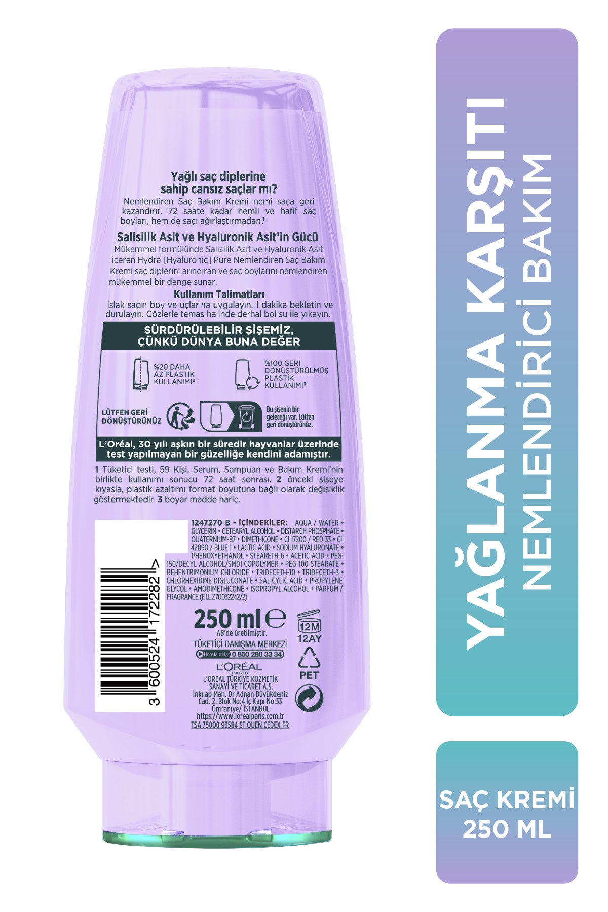 L'Oréal Paris Elseve Hydra [Hyaluronic] Pure Salisilik Asit içeren Yağlanma Karşıtı Nemlendirici Saç Kremi 250ml