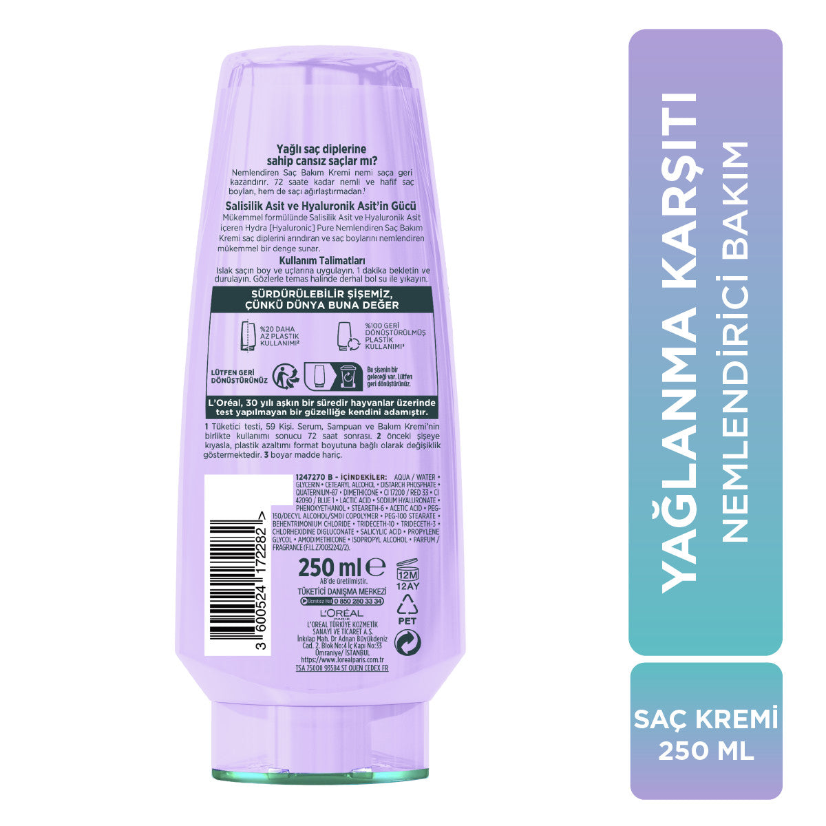 L'Oréal Paris Elseve Hydra [Hyaluronic] Pure Salisilik Asit içeren Yağlanma Karşıtı Nemlendirici Saç Kremi 250ml