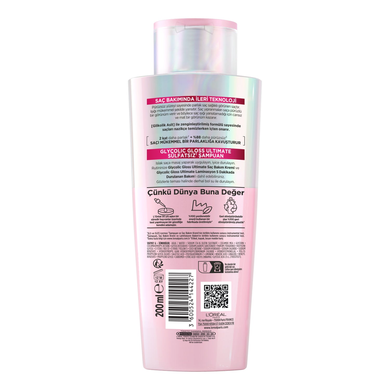 L'Oréal Paris Elseve Ultimate Glycolic Gloss Mükemmel Parlaklık için Bakım Yapan Sülfatsız Şampuan 200ml