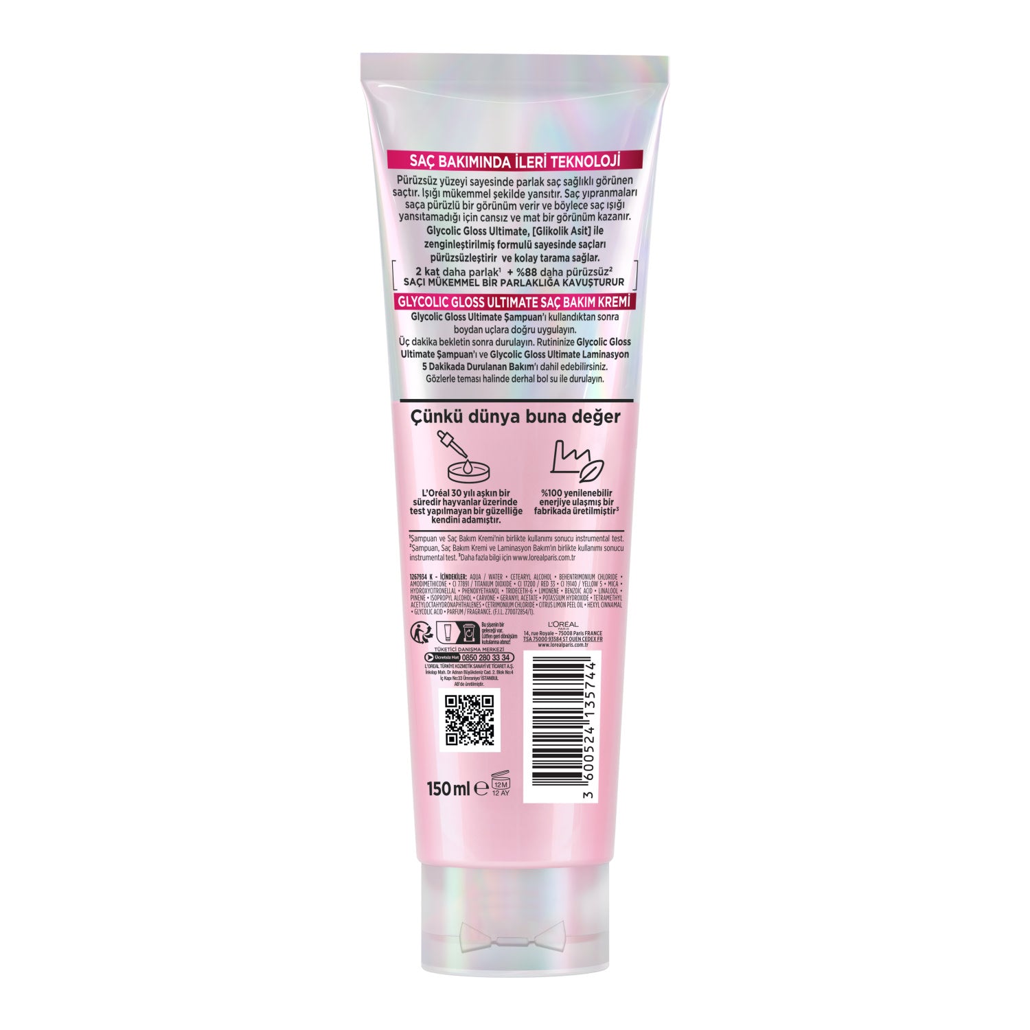 L'Oréal Paris Elseve Ultimate Glycolic Gloss Mükemmel Parlaklık için Pürüzsüzleştirici Sülfatsız Saç Kremi 150ml