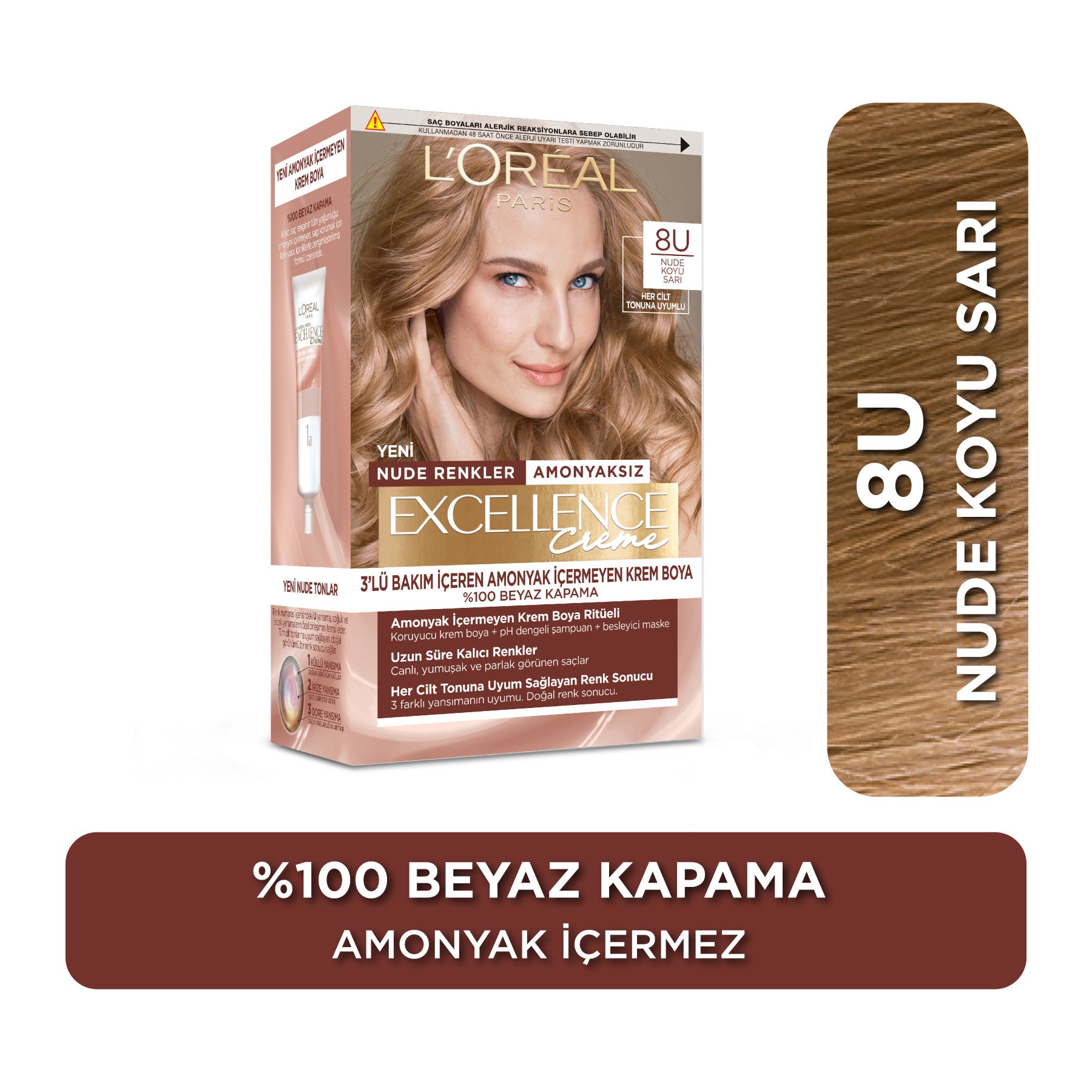 L’Oréal Paris Excellence Creme Nude Renkler Saç Boyası – 8U Nude Koyu Sarı