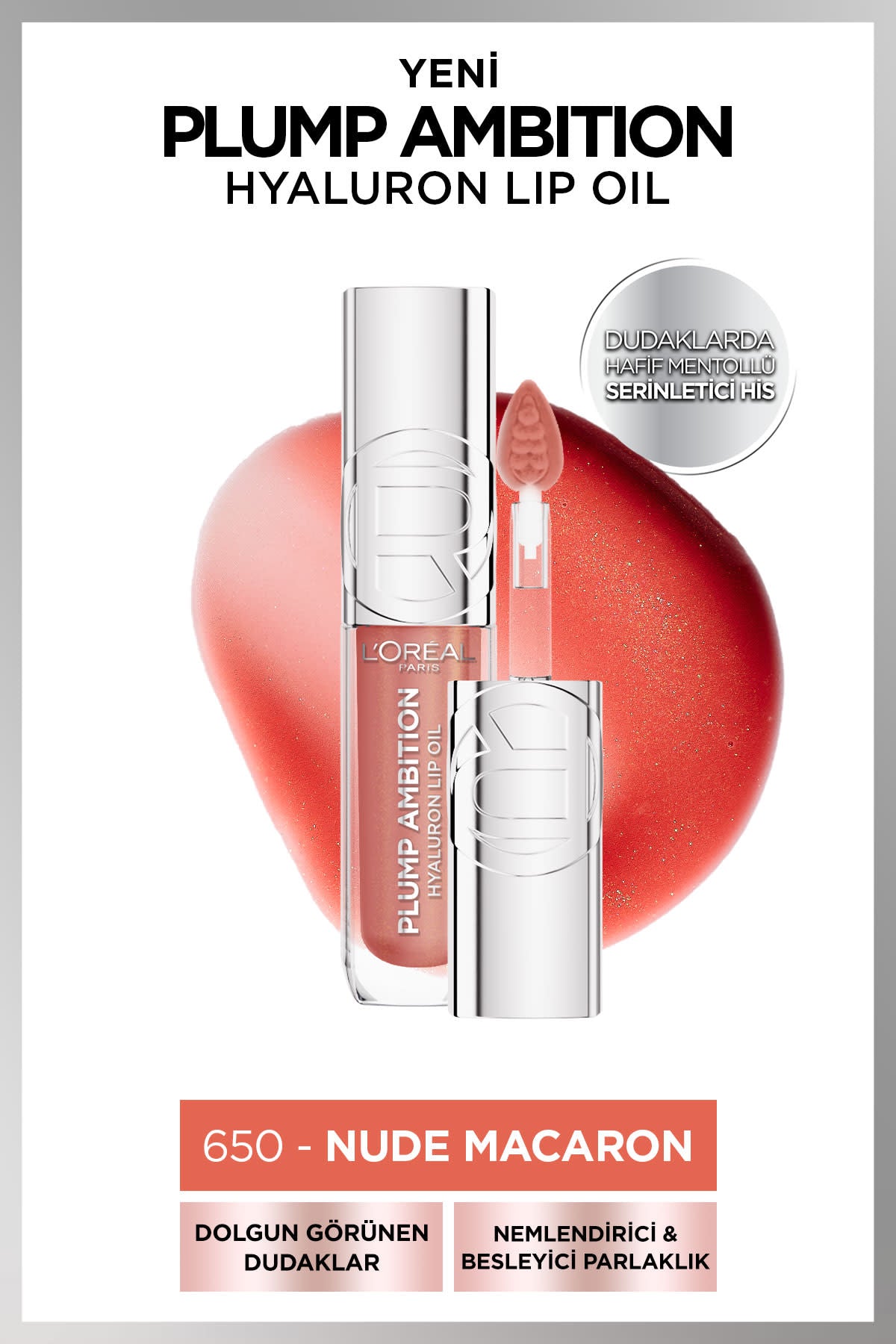 L'Oréal Paris Plump Ambition Hyaluron Lip Oil Besleyici ve Nemlendirici Dudak Parlatıcısı - 650 Nude Macaron