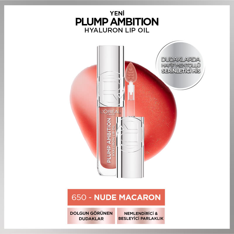 L'Oréal Paris Plump Ambition Hyaluron Lip Oil Besleyici ve Nemlendirici Dudak Parlatıcısı - 650 Nude Macaron