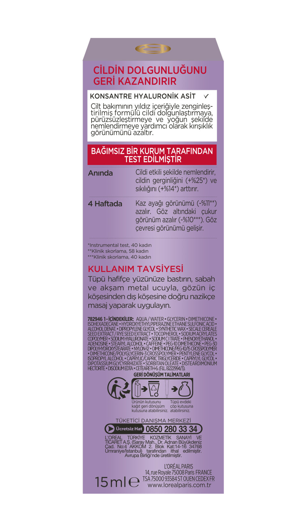 L'Oréal Paris Revitalift Filler Dolgunlaştırıcı Yaşlanma Karşıtı Göz Bakım Kremi 15ml -Hyaluronik Asit