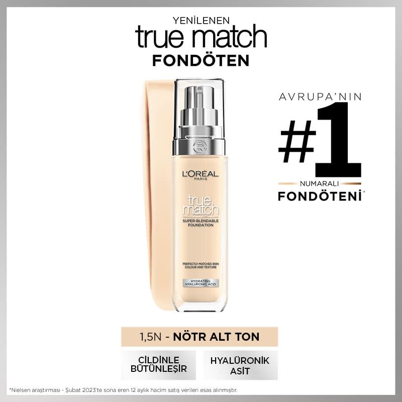 L'Oréal Paris True Match Bakım Yapan Fondöten - 1.5N Nötr Alt Ton