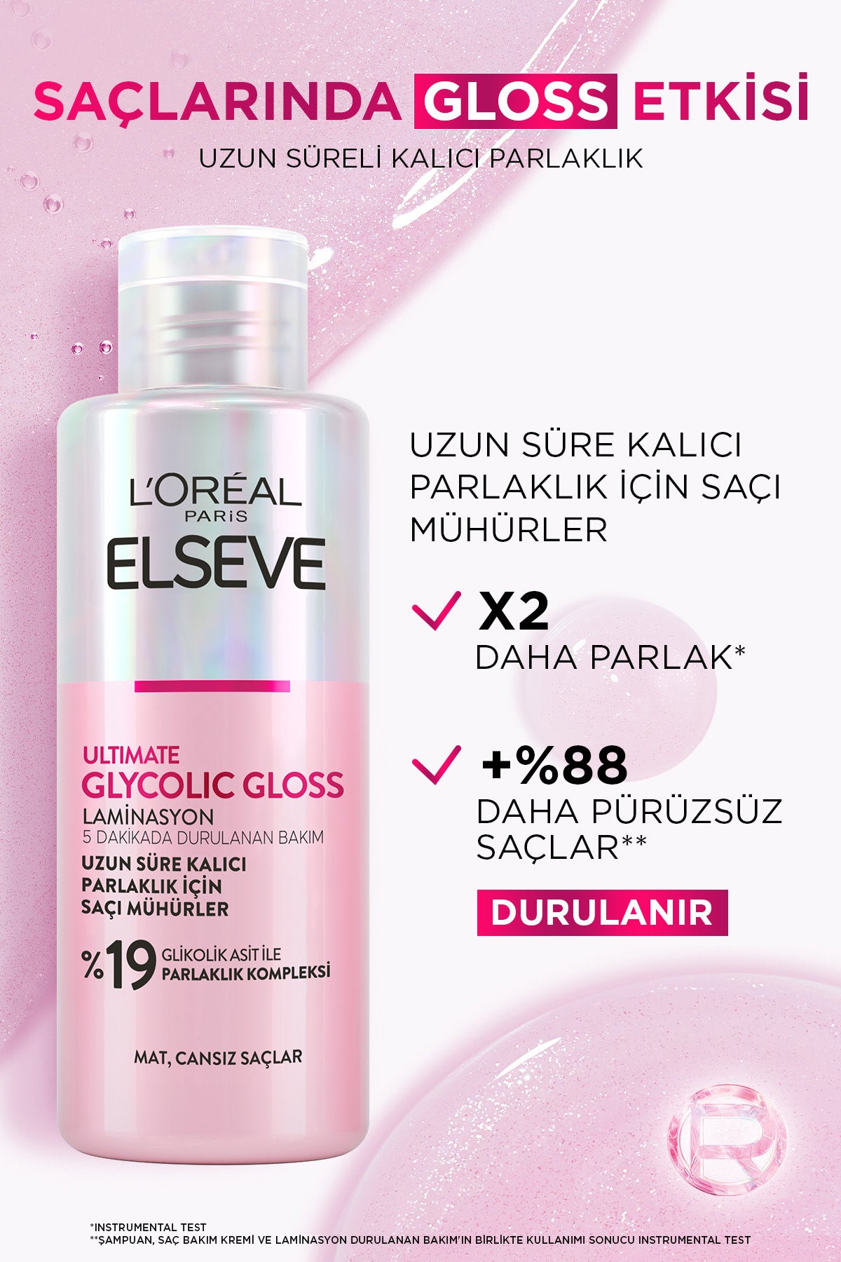 L'Oreal Paris Elseve Ultimate Glycolic Gloss Parlaklığı Saça Mühürleyen Laminasyon 5 Dakikada Durulanan Sülfatsız Bakım 200ml