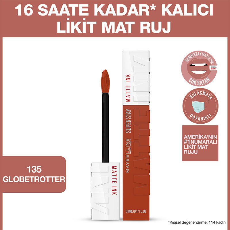 Maybelline New York Super Stay Matte Ink Likit Mat Ruj - 135 Globe-Trotter - Kahverengi