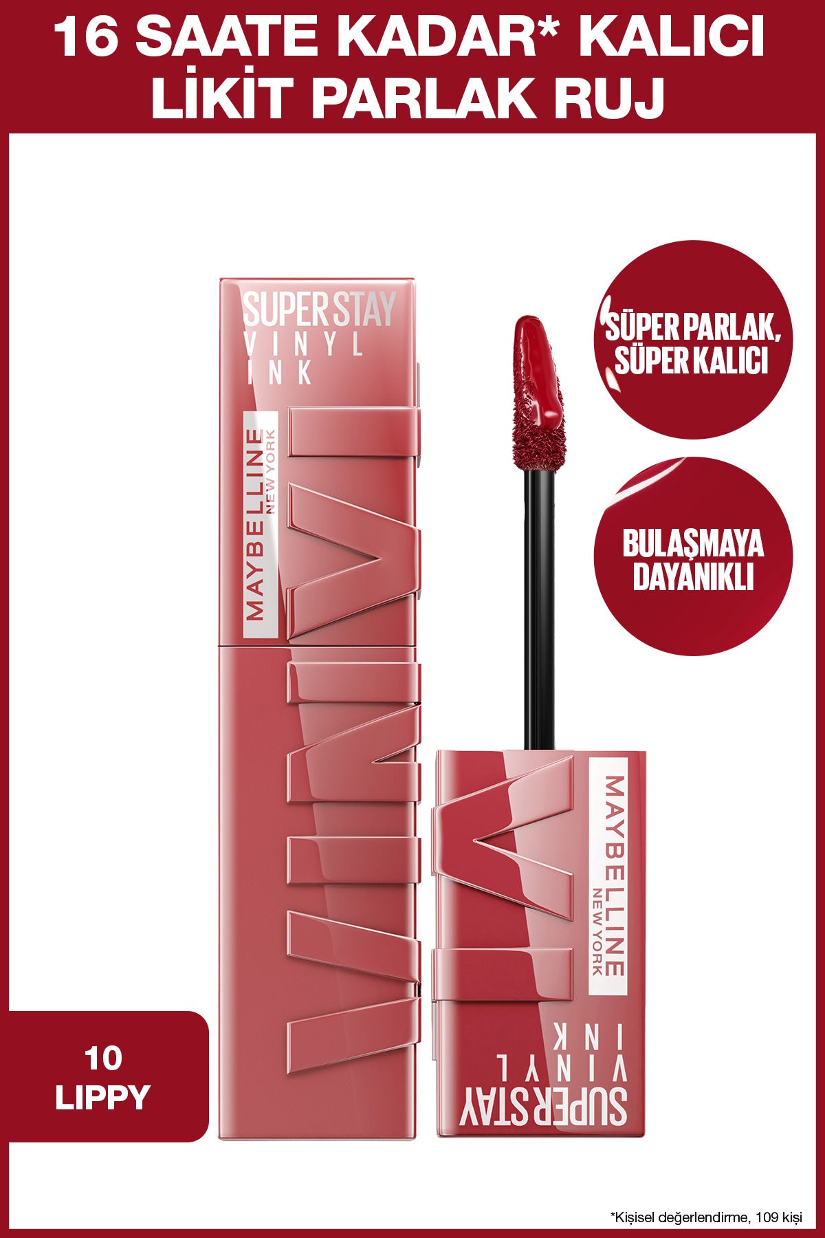 Maybelline New York Super Stay Vinyl Ink Uzun Süre Kalıcı Likit Parlak Ruj 10 Lippy