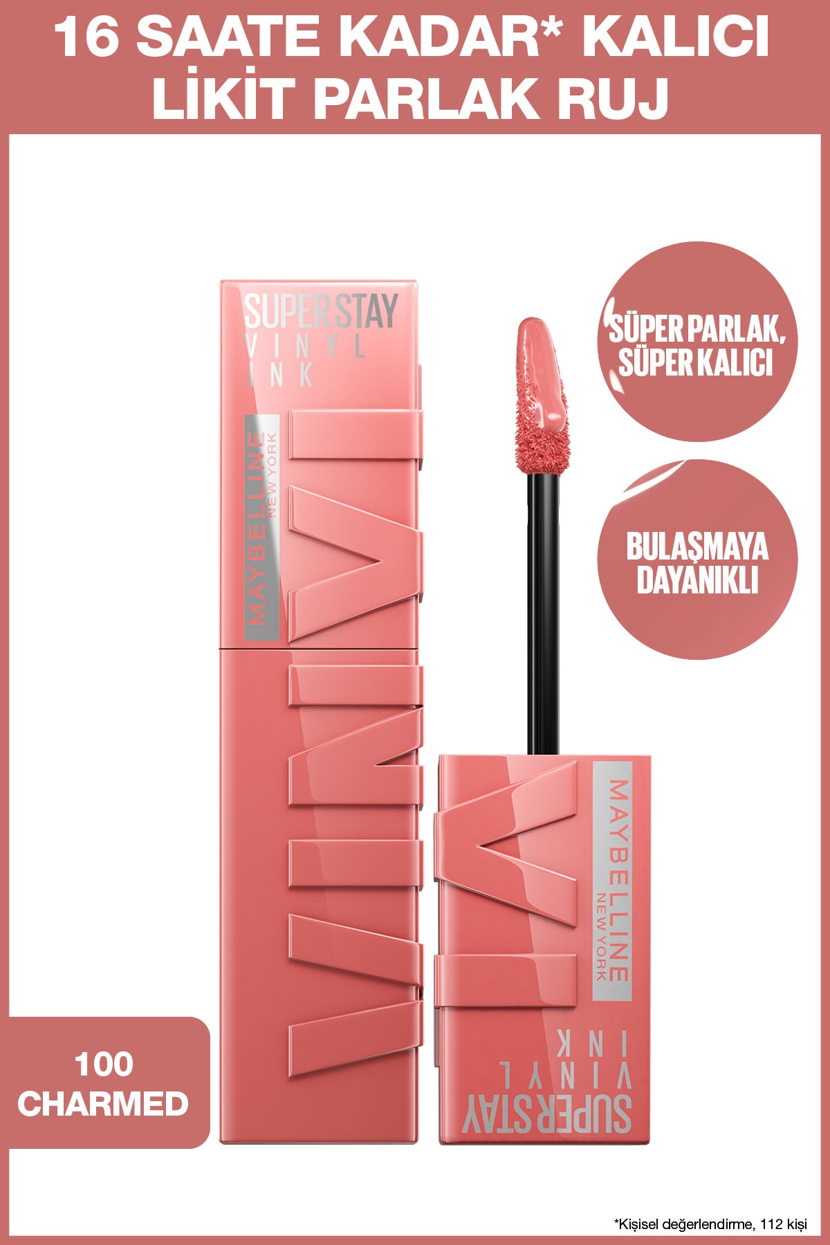 Maybelline New York Super Stay Vinyl Ink Uzun Süre Kalıcı Likit Parlak Ruj 100 Charmed