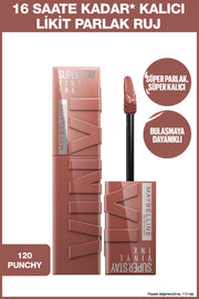 Maybelline New York Super Stay Vinyl Ink Uzun Süre Kalıcı Likit Parlak Ruj 120 Punchy
